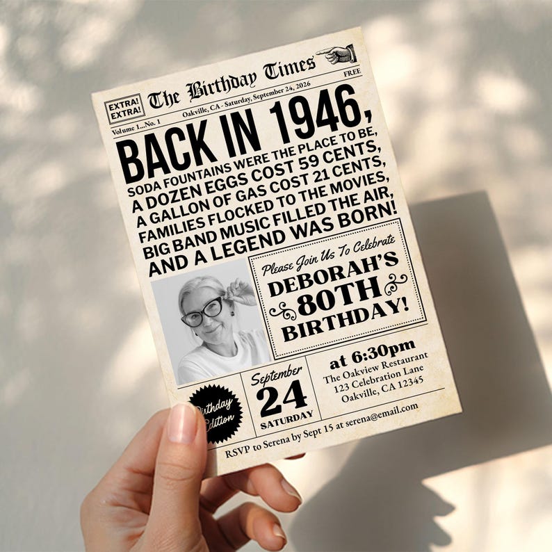 Szablon zaproszenia na 80. urodziny, zaproszenie do gazety na urodziny urodzonego w 1946 roku ze zdjęciem dla mężczyzn lub kobiet, edytowane w Canva zdjęcie 6