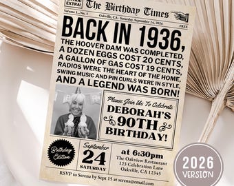 90th Birthday Invitation Template, Born In 1936 Birthday Newspaper Invite With Photo For Men or Women, Edit With Canva