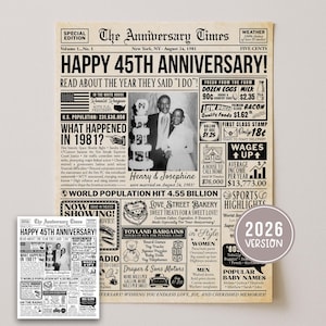 May include: A vintage-style newspaper print celebrating a 45th anniversary, dated August 24, 1981. Features headlines, photos of a couple, and historical facts. Includes a smaller version and a "2026 Version" sticker.