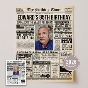 85th Birthday Celebration Sign, Back in 1941 Newspaper Poster, Custom Gift for Seniors, Photo Birthday Welcome Sign, Edit With Canva