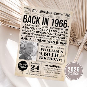 Szablon zaproszenia na 60. urodziny, zaproszenie do gazety na urodziny urodzonego w 1966 roku ze zdjęciem dla mężczyzn lub kobiet, edytowane w Canva