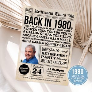 May include: A retro-themed retirement party invitation. The headline states "BACK IN 1980", with facts about the year. Features a photo of Michael Anderson, party details, and a "Retirement Edition" seal. A blue circle says "1980".