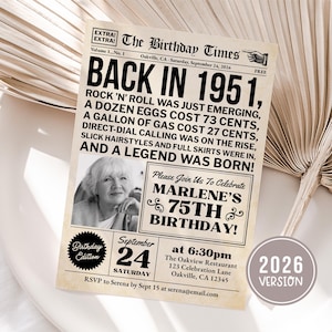 May include: A retro-style invitation designed to look like a newspaper front page, titled "The Birthday Times." It announces Marlene's 75th birthday, with the date September 24, 2026, and event details. The headline reads "BACK IN 1951."
