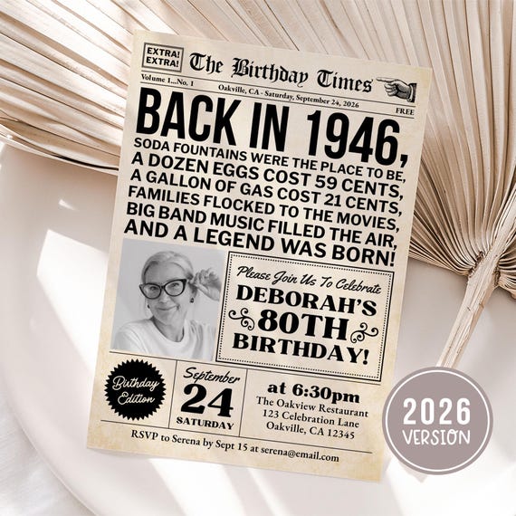 80th Birthday Invitation Template, Born In 1946 Birthday Newspaper Invite With Photo For Men or Women, Edit With Canva