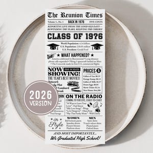 Może przedstawiać: Wydruk w stylu vintage z gazety zatytułowany "The Reunion Times" z 1976 roku, z nagłówkiem "Class of 1976". Zawiera szczegóły dotyczące wydarzeń roku, list filmów, przebojów radiowych i cen. Okrągła naklejka wskazuje "Wersję 2026".