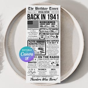 Könnte beinhalten: Ein schwarz-weiß-Druck im Zeitungsstil mit dem Titel "The Birthday Times" aus dem Jahr 1941, mit Informationen über die Ereignisse des Jahres, Preise und Populärkultur. Enthält den Text "Theodore Was Born!"