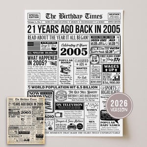 May include: A commemorative print titled "The Birthday Times" from 2005, celebrating a 21st birthday. The design resembles a newspaper, featuring headlines, advertisements, and historical facts from that year. Includes a 2026 version sticker.