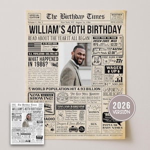 Puede incluir: Una impresión de periódico personalizada para un 40 cumpleaños, con fecha del 24 de agosto de 1986, con una foto de un hombre sonriente. Incluye titulares sobre los eventos del año, precios y nombres de bebés populares. También se incluye una versión más pequeña de 2026.