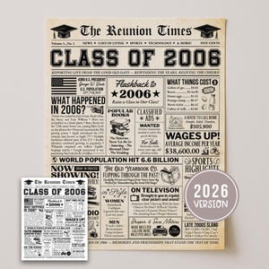 May include: A retro newspaper print, "The Reunion Times", celebrating the Class of 2006, with articles, headlines, and a "2026 Version" sticker. The newspaper contains information about the year 2006.