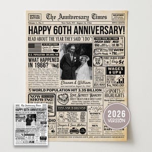 Tidning till 60-årsjubileum, Bröllopsdagspresent till föräldrar 1966, 60-årsjubileum, Redigera med Canva