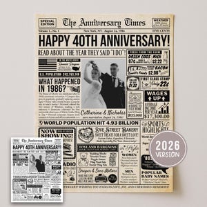 Op de afbeelding: Een krantachtige print ter viering van een 40-jarig jubileum, gedateerd 24 augustus 1986, met de kop "Happy 40th Anniversary!" en een foto van een stel. Bevat tekst over de gebeurtenissen van het jaar en een "2026 Version" sticker.