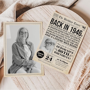 Szablon zaproszenia na 80. urodziny, zaproszenie do gazety na urodziny urodzonego w 1946 roku ze zdjęciem dla mężczyzn lub kobiet, edytowane w Canva zdjęcie 4