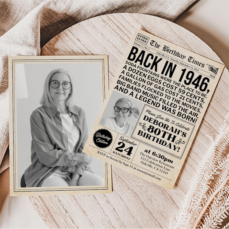 Szablon zaproszenia na 80. urodziny, zaproszenie do gazety na urodziny urodzonego w 1946 roku ze zdjęciem dla mężczyzn lub kobiet, edytowane w Canva zdjęcie 4