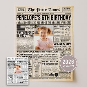 6歳の誕生日プレゼント、2020年の新聞ポスター、2020年生まれの楽しい事実のサイン、子供向けパーティーデコレーション印刷可能、Canvaで編集可能