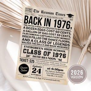 Peut inclure: Annonce de retrouvailles de style vintage pour la promotion 1976 du lycée Evergreen, avec le texte "Back in 1976". L'annonce comprend des détails sur les retrouvailles, tels que la date, l'heure, le lieu et le prix du billet.