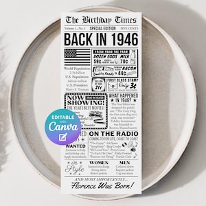 May include: A black and white newspaper-style print titled "The Birthday Times" from 1946, with information about the year, including the U.S. President, popular movies, and prices for eggs and milk. The text "Florence Was Born!" is at the bottom.