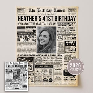 May include: A newspaper-style birthday print for Heather's 41st birthday, dated August 24, 1985, with a photo of Heather. Includes headlines, news snippets, and a 2026 version sticker.