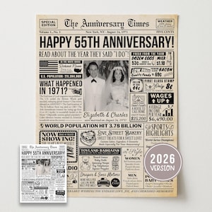 May include: A newspaper-style print marking a 55th wedding anniversary. The design includes the headline "Happy 55th Anniversary!" with the couple's names and wedding date. The image also features a "2026 Version" sticker.