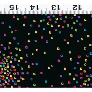 May include: Black fabric with a repeating pattern of colorful, square-shaped designs. The squares are in various colors, including pink, blue, yellow, and green. A ruler is visible at the top of the image.