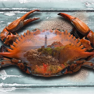 May include: A red crab with a lighthouse and a coastal scene visible through its shell. The crab is on a light blue wooden background.