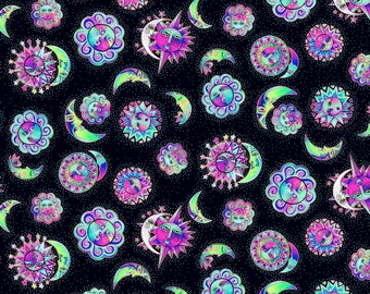 Celestial Magic Suns by Laurel Burch from Clothworks 100% cotton quilt fabric Y3161-3 Black - By the yard  - Free shipping U.S.