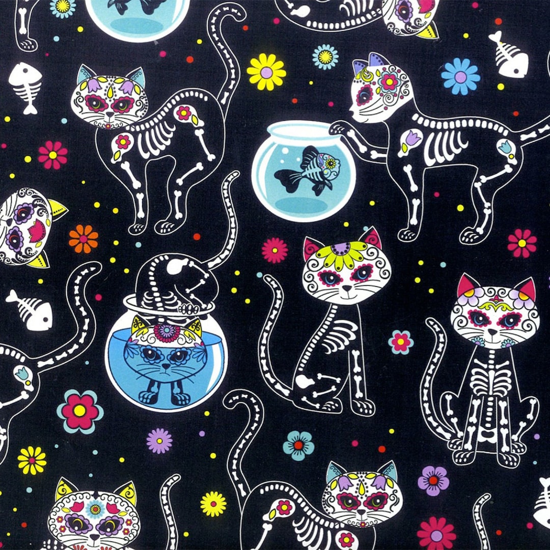 1 Yard Day of the Dead Kitties Timeless Treasures 100% Cotton Quilt ...