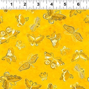 May include: Yellow fabric with a repeating pattern of stylized butterflies in a darker yellow color. The butterflies have intricate details and are arranged in a random pattern.