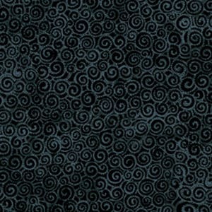 May include: Black fabric with a repeating pattern of blue swirls.