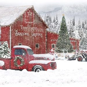 Baum Bauernhof Weihnachten Digital Panel roter LKW & Scheune von Hoffman Fabrics Baumwoll Quilt Stoff V5218-161 - 30&quot;x 42&quot; - Kostenloser Versand USA