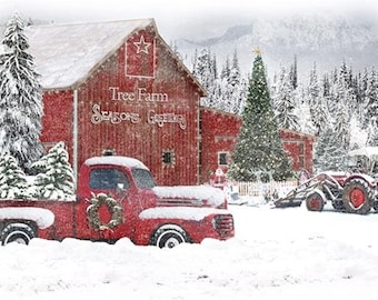 May include: A snowy winter scene featuring a red barn with the text "Tree Farm Seasons Greetings", a red truck with a wreath, and a Christmas tree. A tractor is also visible in the snow-covered landscape.