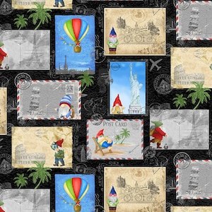 Traveling Gnome Postcard from Timeless Treasures Cotton Fabric CD2074 Nero - tagliato su misura - Spedizione gratuita negli Stati Uniti