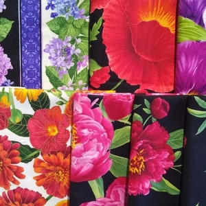 9 pezzi di fiori grandi di Chong-a Hwang dal tessuto di cotone Timeless Treasures peonia, orchidea, viola, papavero, ortensia - Spedizione gratuita negli Stati Uniti