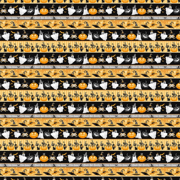 Old Salem's Black Hat Society Glow in the Dark Halloween stripe cotton fabric by Shelly Cominsky from Henry Glass 315G-39 Free shipping U.S.