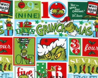 May include: A white background with a repeating pattern of green, red, and blue squares featuring the Grinch from the book "How the Grinch Stole Christmas!" by Dr. Seuss. The squares feature the Grinch's face, the Grinch's hands, and the numbers one through twelve. The text "12 Days of Grinchmas" is also featured in the pattern.