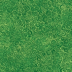May include: Green fabric with a repeating spiral pattern. The design features various shades of green, creating a textured and visually engaging surface. The spirals are densely packed, offering a dynamic and organic aesthetic, suitable for various craft projects.