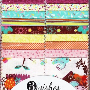 May include: A fabric strip set featuring 20 pieces, each 2.5" x 42", in various patterns and colors. Designs include floral, polka dots, and bird motifs. The fabric is 100% cotton. The brand name "3 Wishes fabric" is visible.