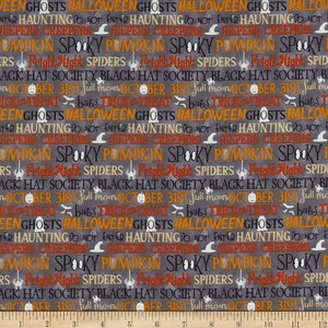 Old Salem&#39;s Black Hat Society Glow in the Dark Halloween words cotton fabric by Shelly Cominsky from Henry Glass 318G-90 Free shipping U.S.