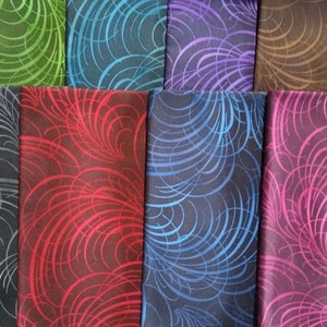 May include: Eight fabric swatches with a swirling, abstract pattern. The swatches are in various colors, including gold, green, blue, purple, black, red, dark blue, and pink.
