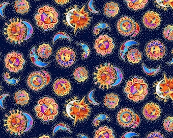 Celestial Magic Suns by Laurel Burch from Clothworks 100% cotton quilt fabric Y3161-93 Light  Navy- By the yard  - Free shipping U.S.