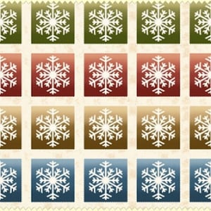May include: A sheet of decorative paper with a repeating pattern of white snowflakes on a cream background. The snowflakes are arranged in a grid pattern, with each snowflake surrounded by a colored square. The squares are in four colors: green, red, brown, and blue.