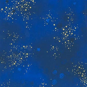 May include: Blue fabric with a scattered gold glitter pattern. The fabric has a subtle shimmer and a soft, smooth texture.