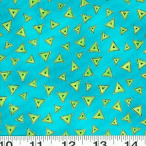 May include: A turquoise fabric with a repeating pattern of green triangles. The fabric is measured in inches.