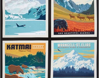 May include: A collage of four vintage-style travel posters featuring national parks in Alaska. The posters feature scenic landscapes, wildlife, and text that includes the park names, "Alaska", and "National Park".