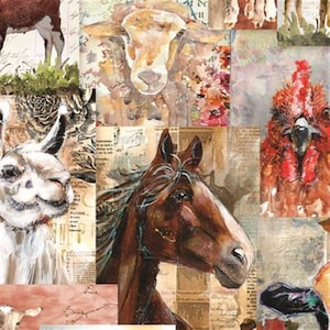 May include: A collage of watercolor paintings featuring various farm animals, including a horse, sheep, llama, and rooster. The background is a patchwork of vintage paper with handwritten text.