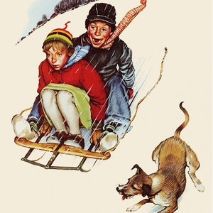 Norman Rockwell Sledding in Wintertime Panel Four Seasons David Textiles 100% Cotton Fabric NR00101C1  36&quot; x 44&quot;