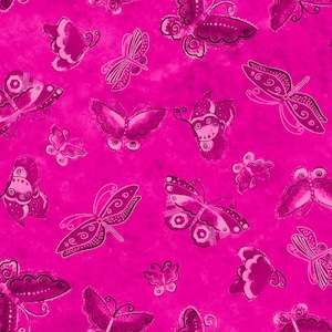May include: A seamless pattern featuring pink butterflies with intricate details on a bright pink background.