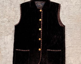 Vintage Italian Chocolate Brown Velvet Vest – Quilted Lined Waistcoat with Gold Heraldic Buttons