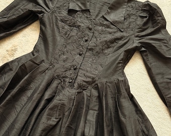 Vintage Laura Ashley Black Silk Embroidered Dress Puff Sleeve Gothic Victorian Revival Made in Great Britain 80s Romantic