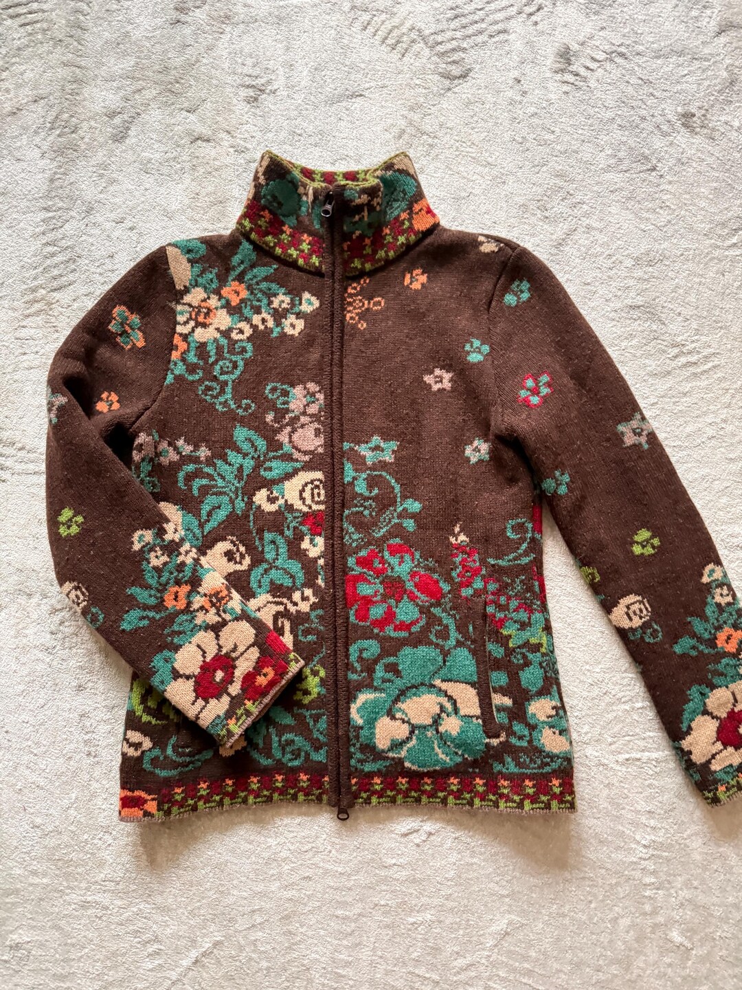 Ivcko Wool Vintage IVKO Wool Jacket With Floral Jacquard – Brown Zip-up Knit ...