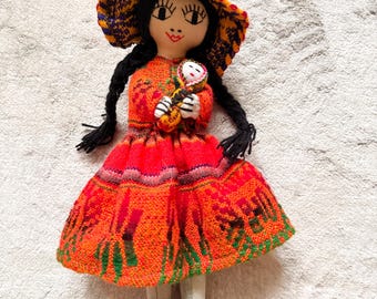 Vintage Andean Peruvian Mother Doll with Braids and Baby – 1980s Handmade Textile Folk Art Doll